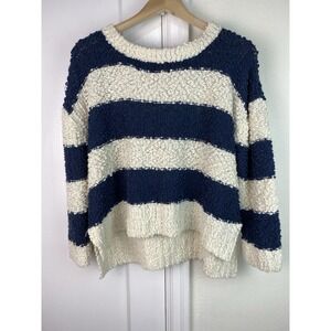 POL Women's M Blue White Striped Popcorn Knit Crop Pullover Sweater